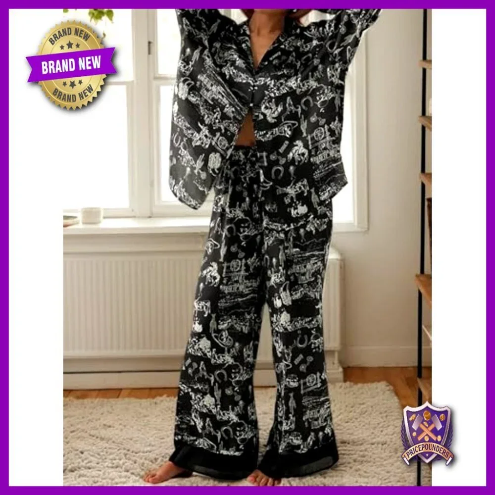 Women's Satin Pajama Set Long Sleeve V-Neck Wide Leg Pants Loungewear